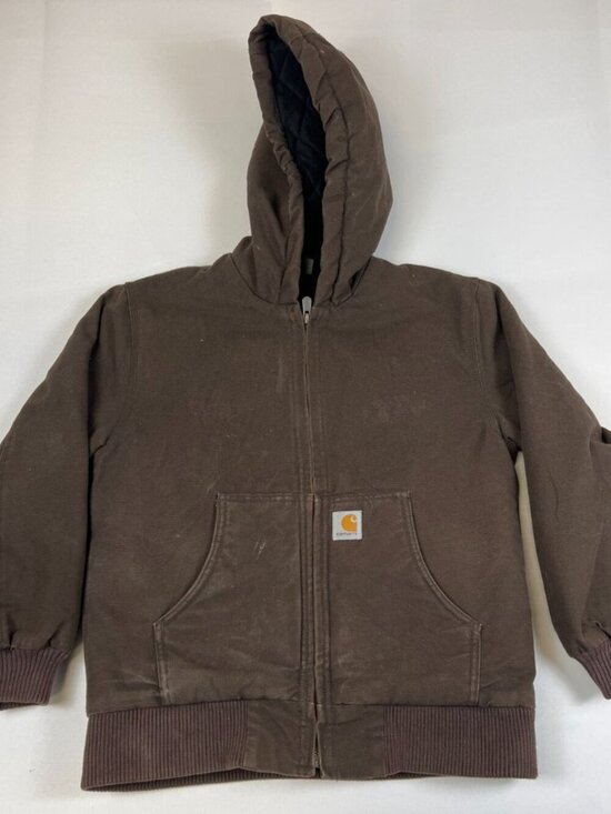 Carhartt Other - Carhartt Boys M 10-12 Brown Duck Canvas Quilted Flannel Lined Hooded Jacket